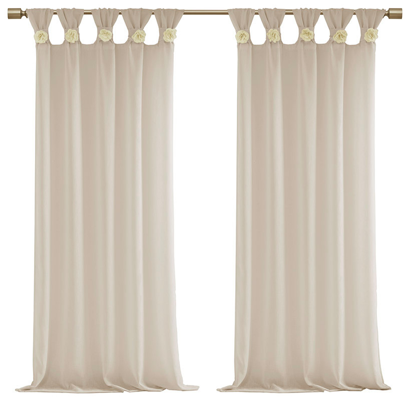 Madison Park Rosette Floral Embellished Sheer Curtain Panel - 50x84 Inches, Linen, Tab Top, Single Panel - View #2