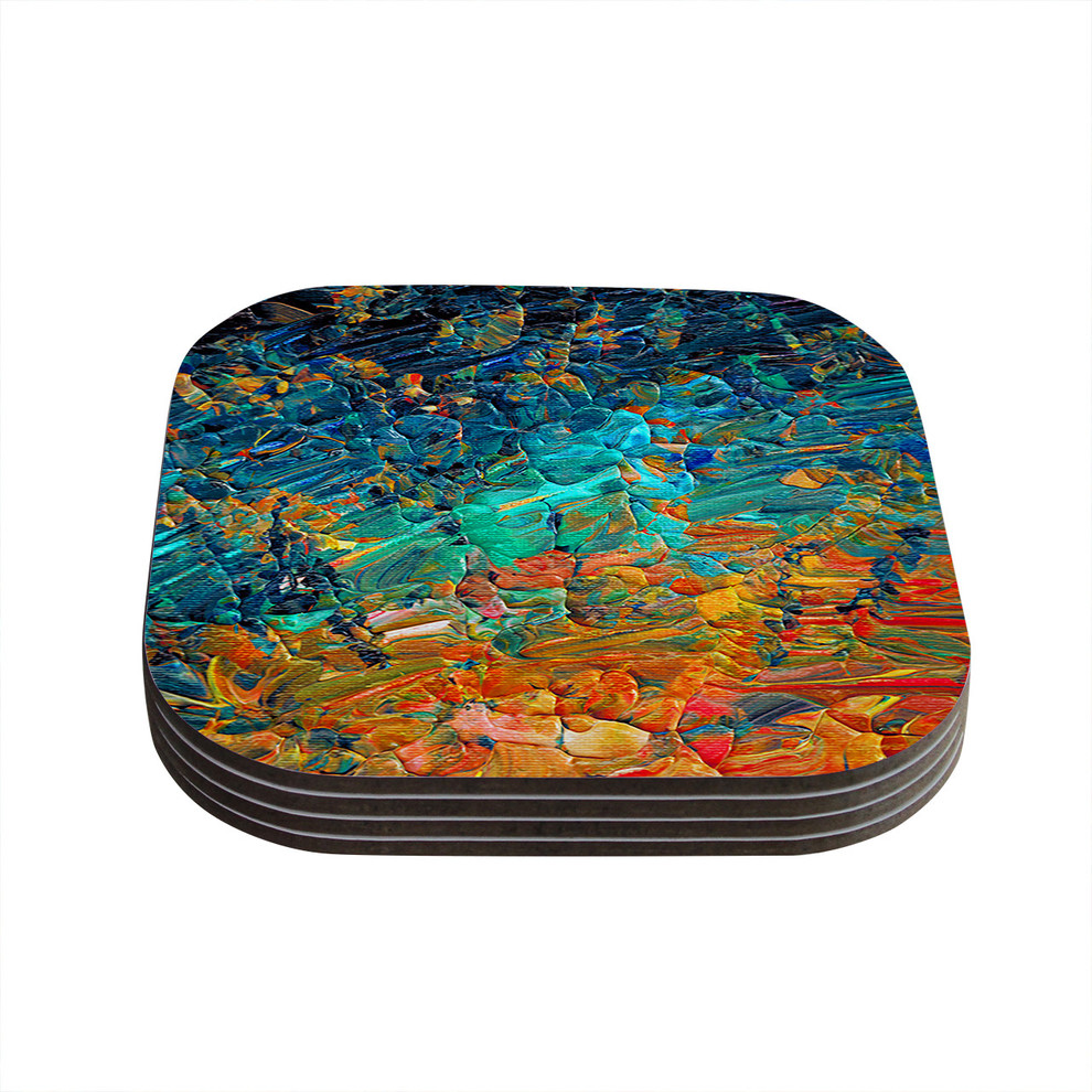 Ebi Emporium "Eteranl Tide II" Teal Orange Coasters, Set of 4, 4"x4"