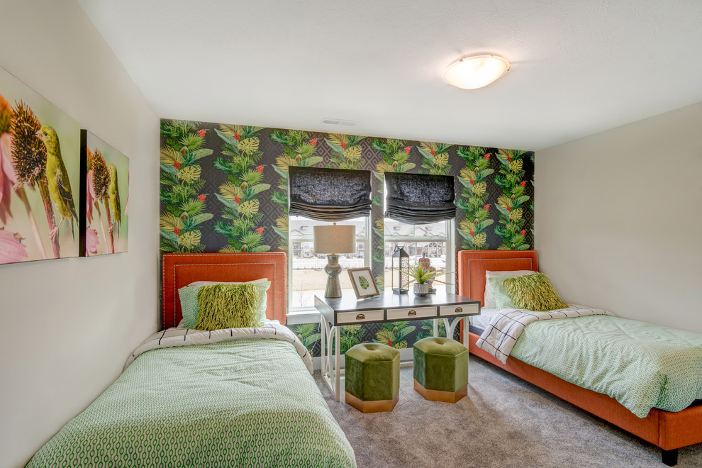 Mid-sized tropical gender-neutral kids' bedroom in Indianapolis with beige walls, carpet and grey floor for kids 4-10 years old.