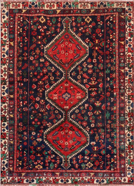 Vintage Bakhtiari Collection Hand-Knotted Lamb's Wool Area Rug- 5' 3"x 7' 5"