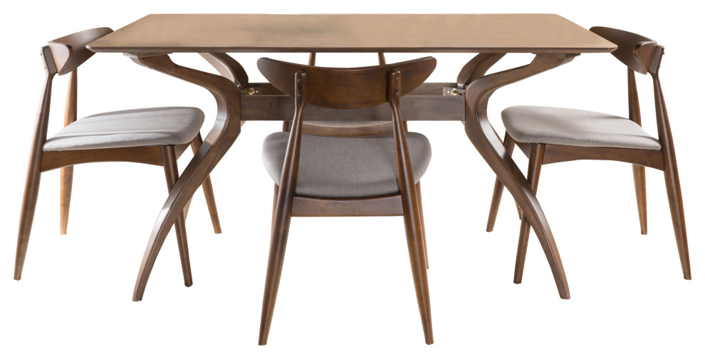 GDF Studio 5-Piece Issaic Fabric and Finished Wood Dining Set, Light Gray/Natural Walnut