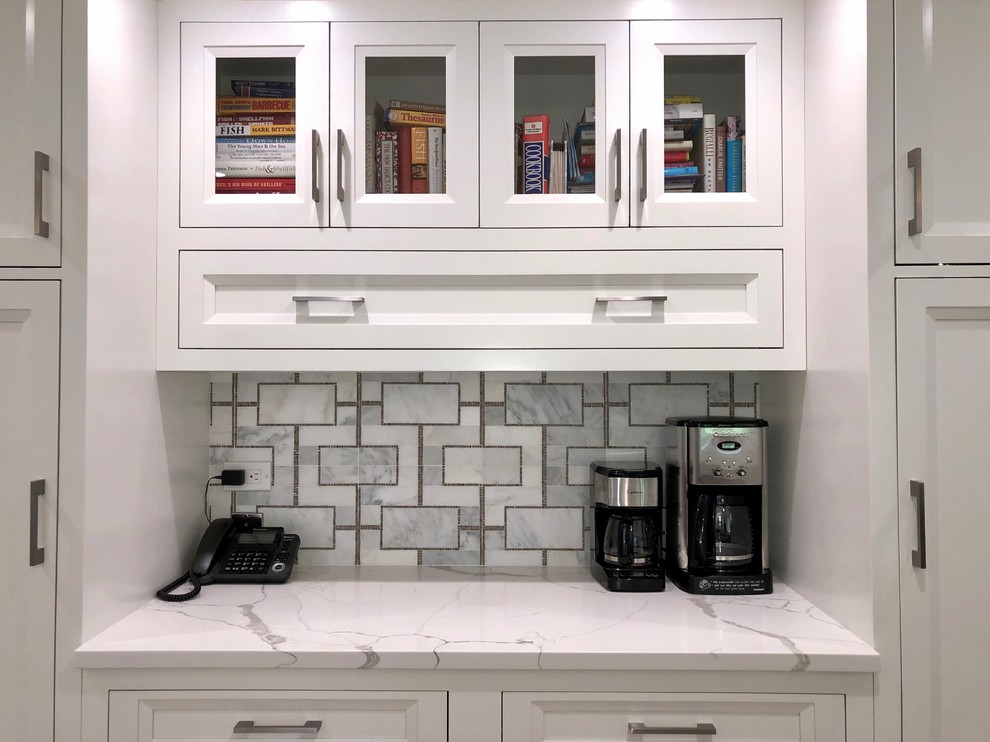 Inspiration for a large transitional eat-in kitchen remodel in New York with beaded inset cabinets, gray cabinets, quartz countertops and an island
