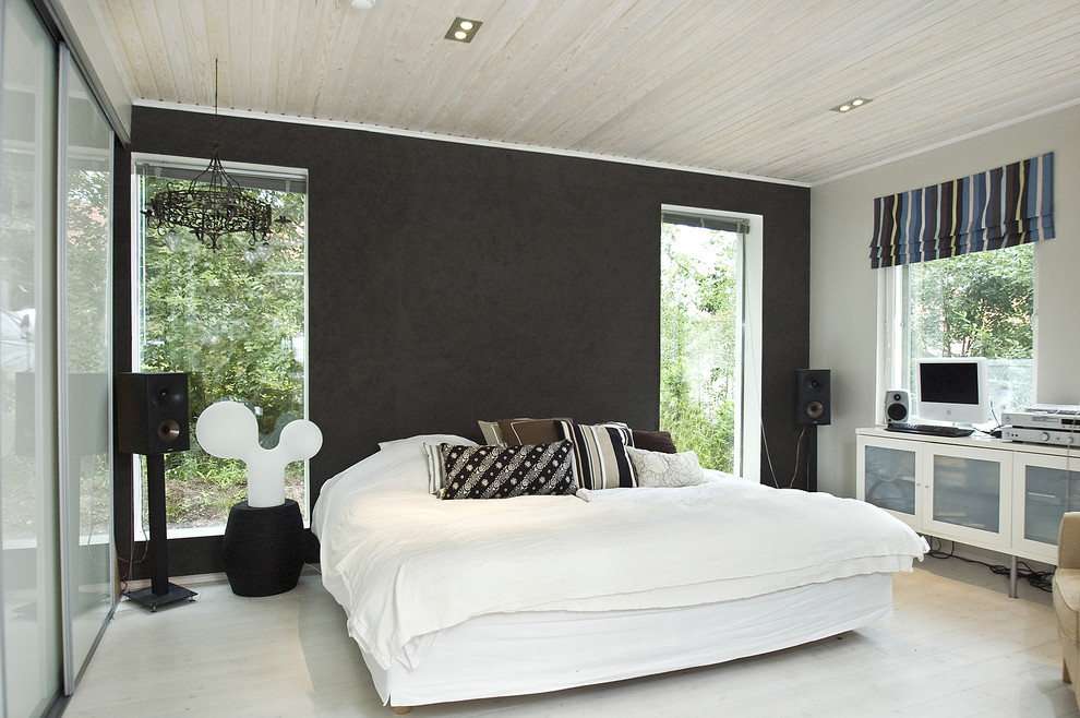 Inspiration for a scandinavian bedroom in San Francisco with black walls.