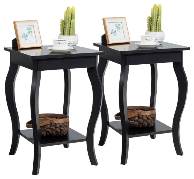 Set of 2 End Table, Curved Legs With Bottom Open Shelf for Extra