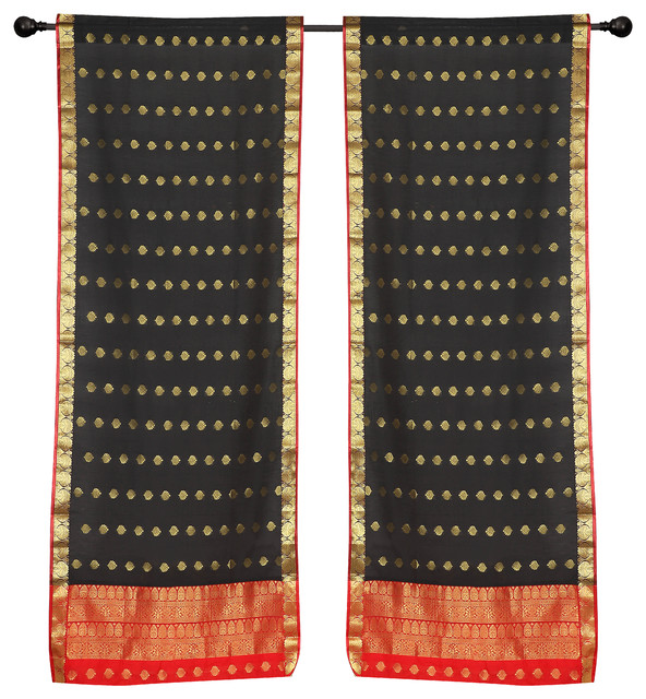2 Black Bohemian Indian Sari Curtains Rod Pocket Living Room