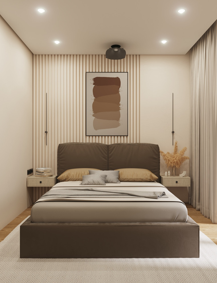 На фото: хозяйская спальня среднего размера, в светлых тонах в современном стиле с бежевыми стенами, полом из ламината и коричневым полом с