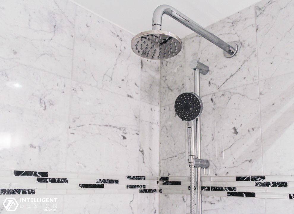 Mid-sized transitional master white tile and marble tile white floor and double-sink alcove bathtub photo in Toronto with flat-panel cabinets, dark wood cabinets, white walls and a freestanding vanity