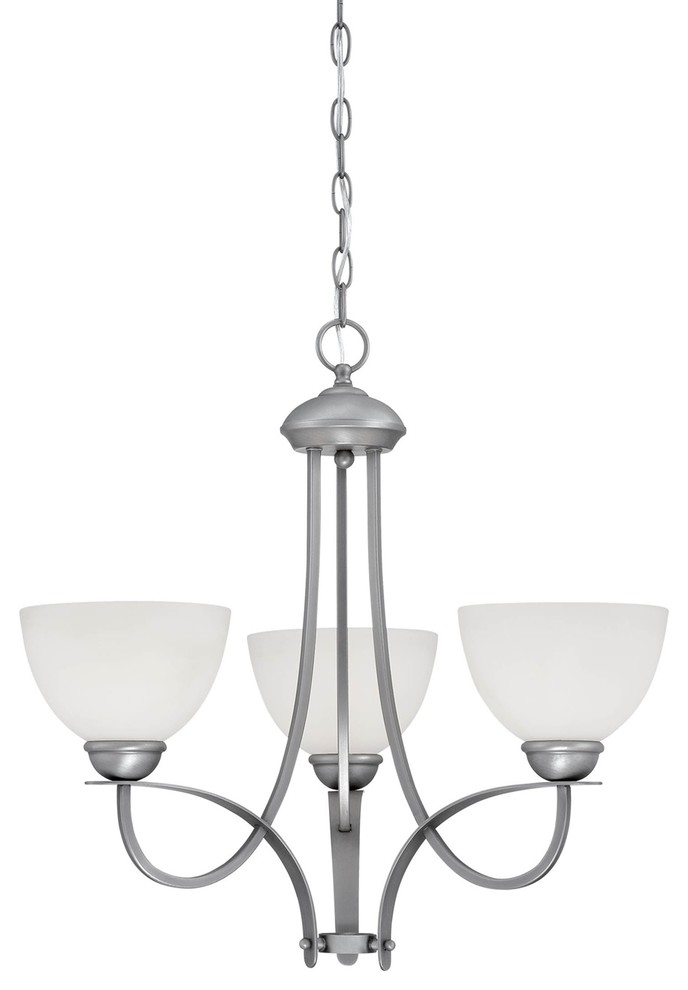 Brushed Pewter 22.5-Inch Three-Light Chandelier with Etched White Glass