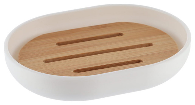 White PADANG Soap Dish Cup Dispenser with Bamboo Tray