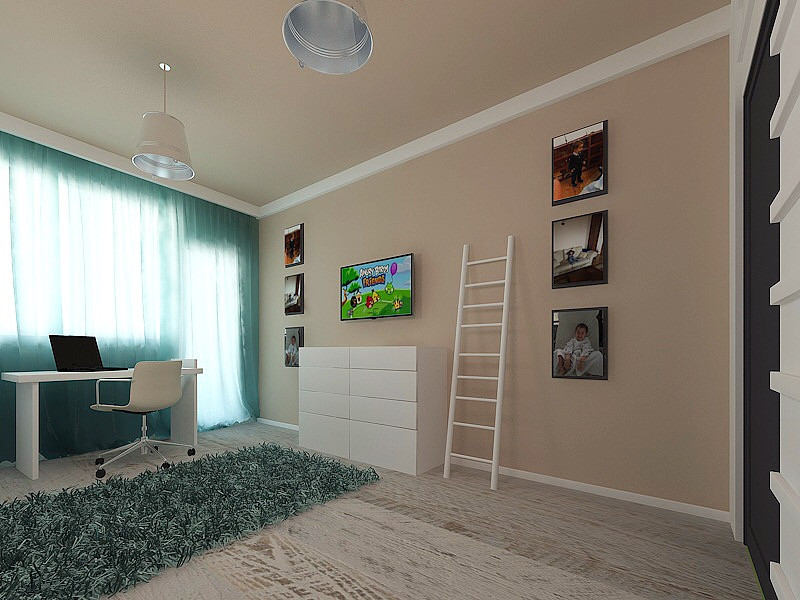 Foto på ett mellanstort minimalistiskt pojkrum kombinerat med sovrum och för 4-10-åringar, med beige väggar, ljust trägolv och vitt golv