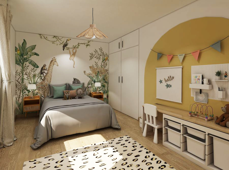 Idéer för att renovera ett stort skandinaviskt könsneutralt barnrum kombinerat med sovrum och för 4-10-åringar, med ljust trägolv, beiget golv och gula väggar
