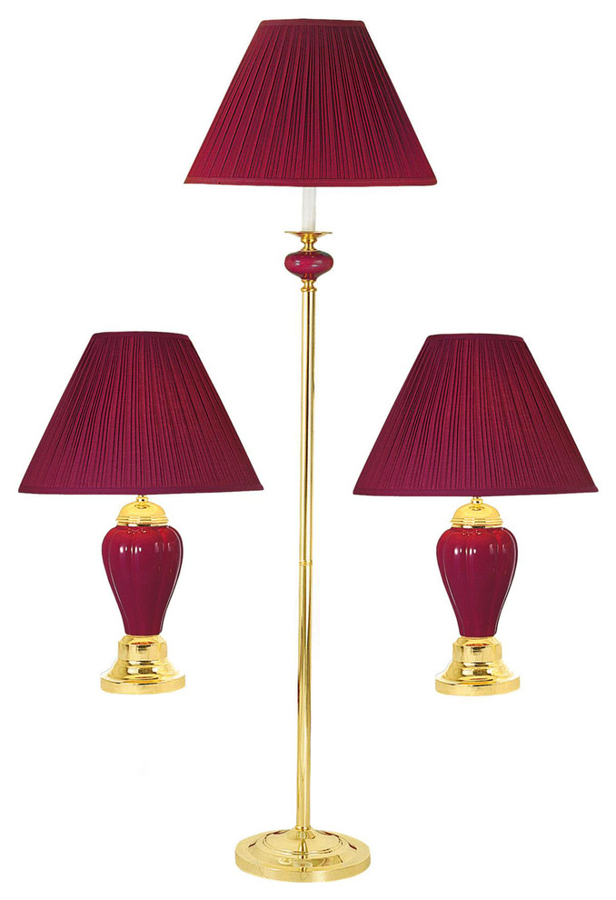 Black Ceramic/Brass Table, Floor Lamp 3-Piece Set, Burgundy