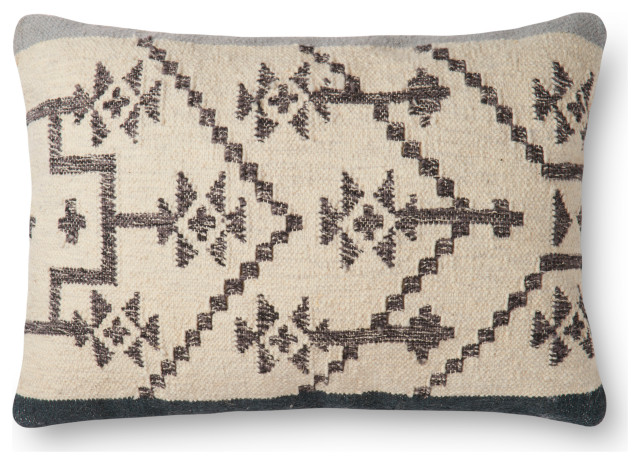 Wool Tribal Design Pillow, 16"x26", Slate/Navy, Down/Feather