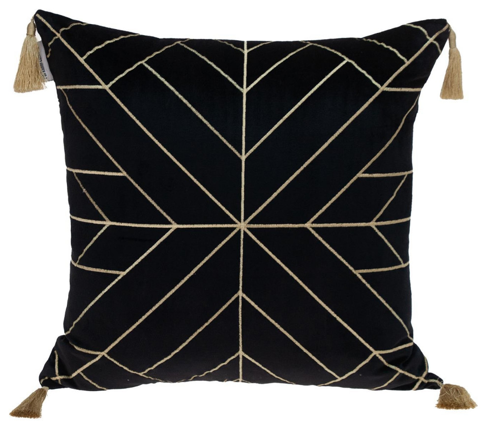 Black and Gold Geo Velvet Throw Pillow With Gold Tassels Contemporary