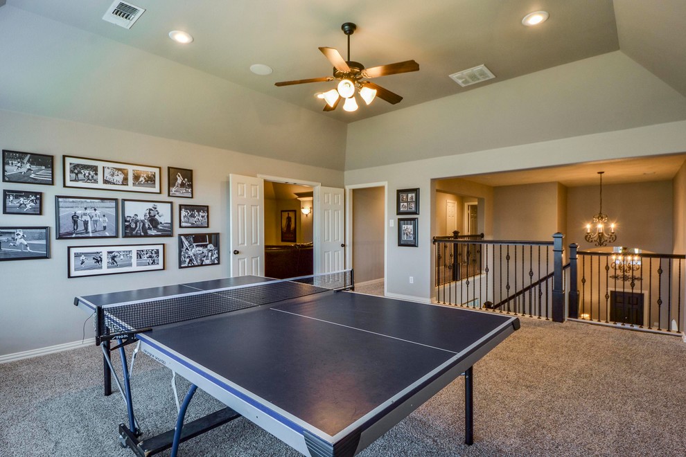Inspiration for a mid-sized transitional loft-style family room in Dallas with a game room, beige walls, carpet, no fireplace, no tv and brown floor.