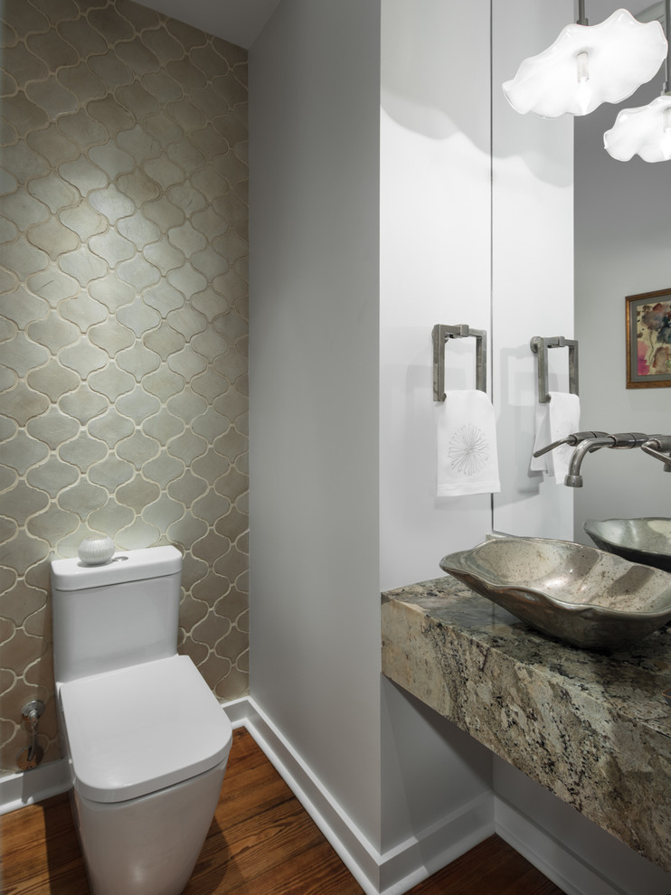Design ideas for a mid-sized transitional 3/4 bathroom in Birmingham with a two-piece toilet, beige tile, metal tile, white walls, medium hardwood floors, a vessel sink, granite benchtops and beige floor.