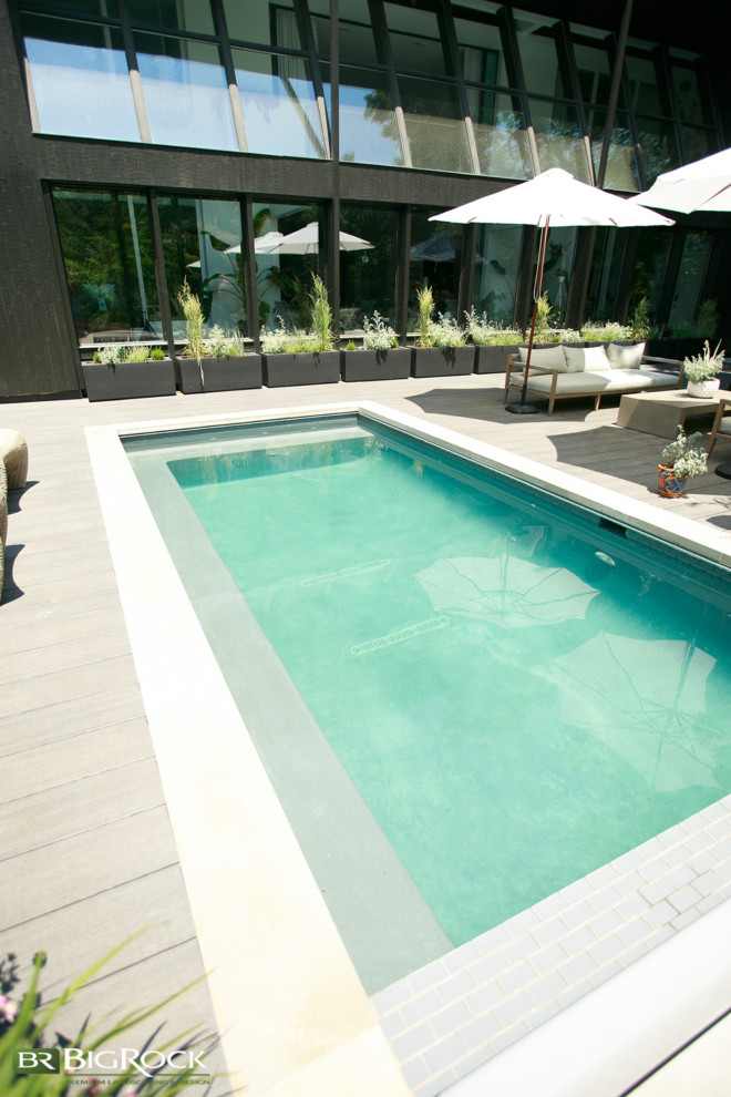 Esempio di una piccola piscina monocorsia minimalista dietro casa con paesaggistica bordo piscina e piastrelle