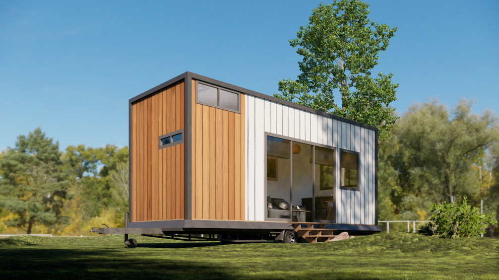 Esempio della micro casa bianca contemporanea a un piano di medie dimensioni con rivestimento in legno, tetto piano, copertura in metallo o lamiera e pannelli e listelle di legno