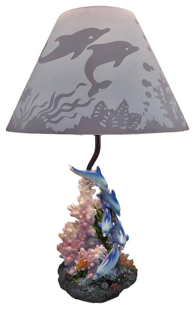 Dolphin and Coral Sea Life Table Lamp with Shade 19 In.