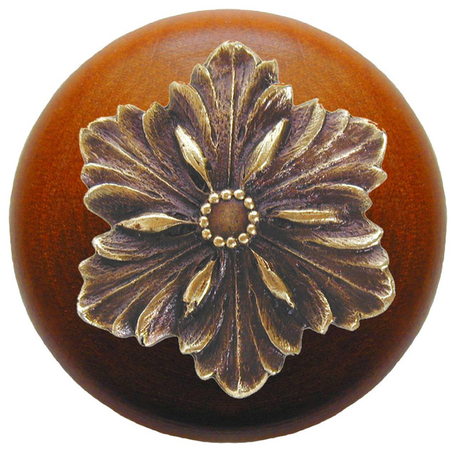 Opulent Flower Wood Knob, Antique Brass, Cherry Wood Finish