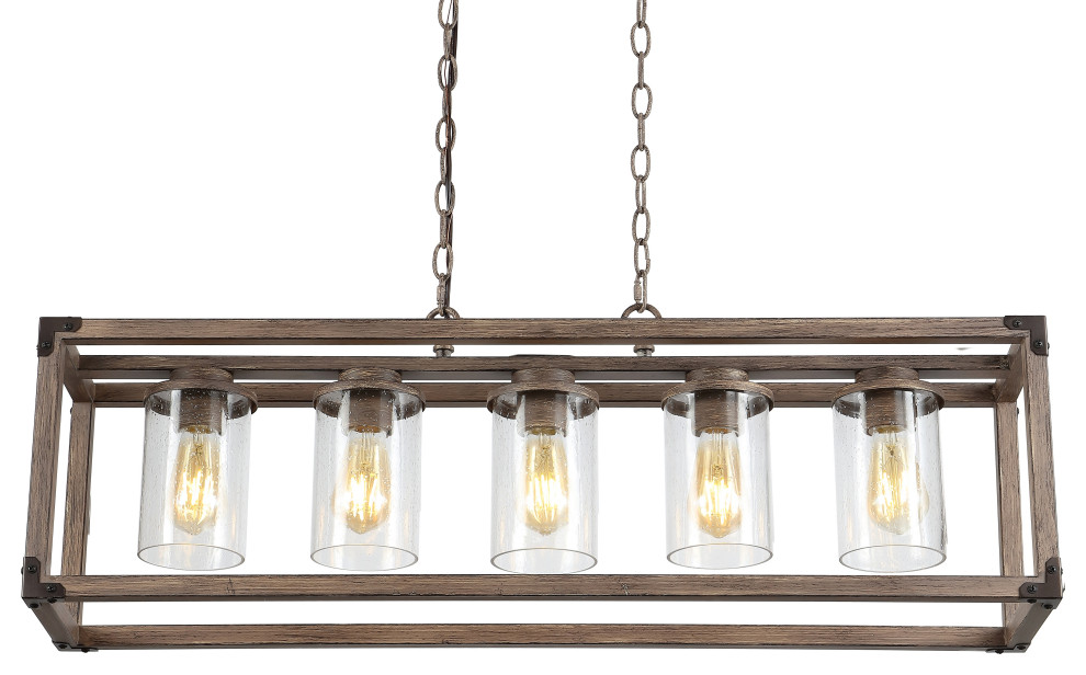 Zeniba  36" 5-Light Linear Adjustable Iron and Seeded Glass Pendant, Brown