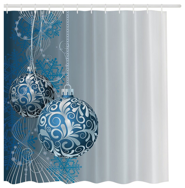 Blue Silver Holiday Christmas Ornaments Fabric Shower Curtain Digital