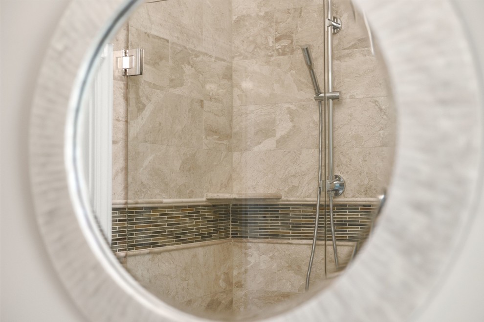 Alcove shower - mid-sized transitional 3/4 beige tile and marble tile marble floor and beige floor alcove shower idea in Jacksonville with a two-piece toilet, beige walls, a console sink and a hinged shower door