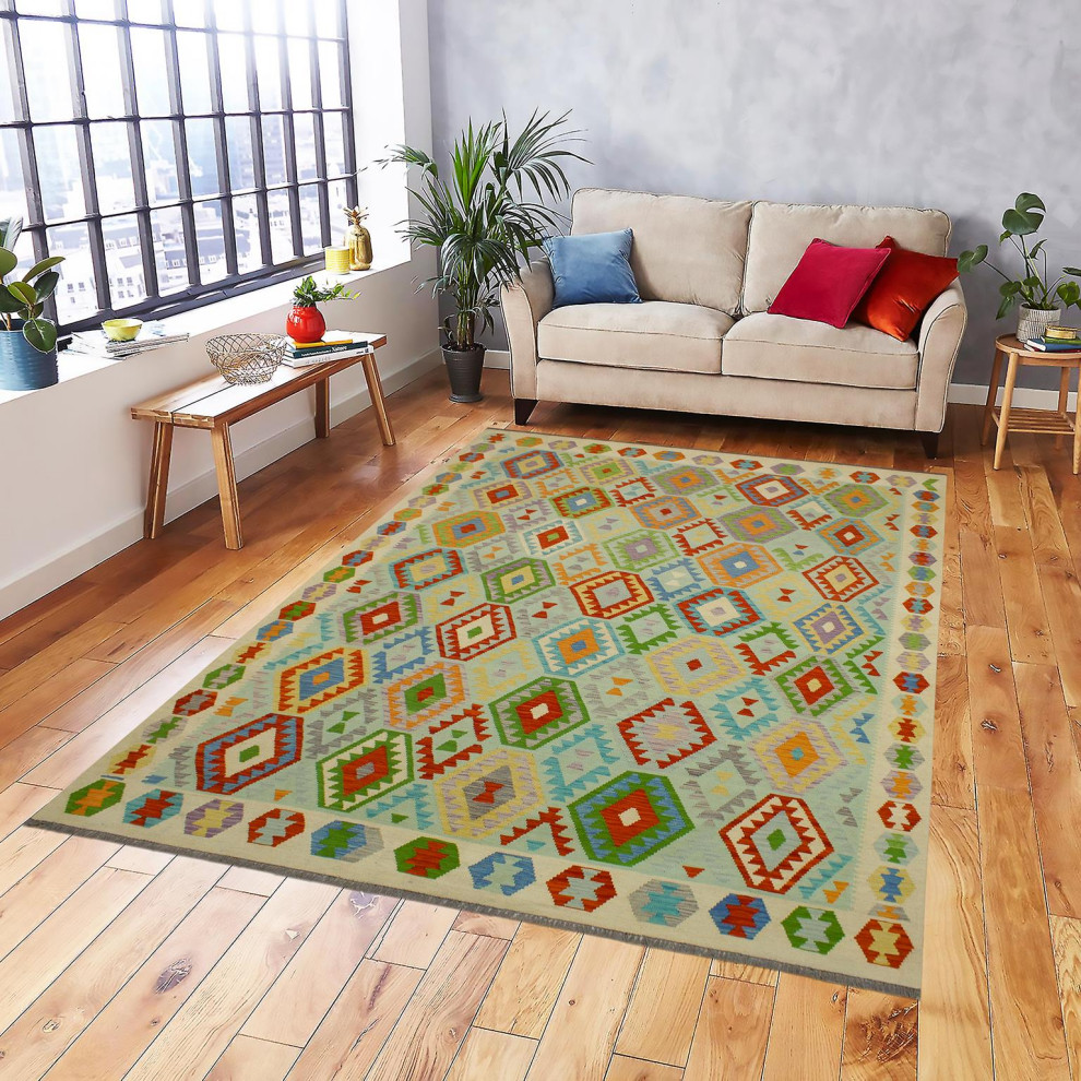 Tribal Turkish Kilim Robertso Blue/Beige Wool Rug 8'4'' x 9'9'', 8'4