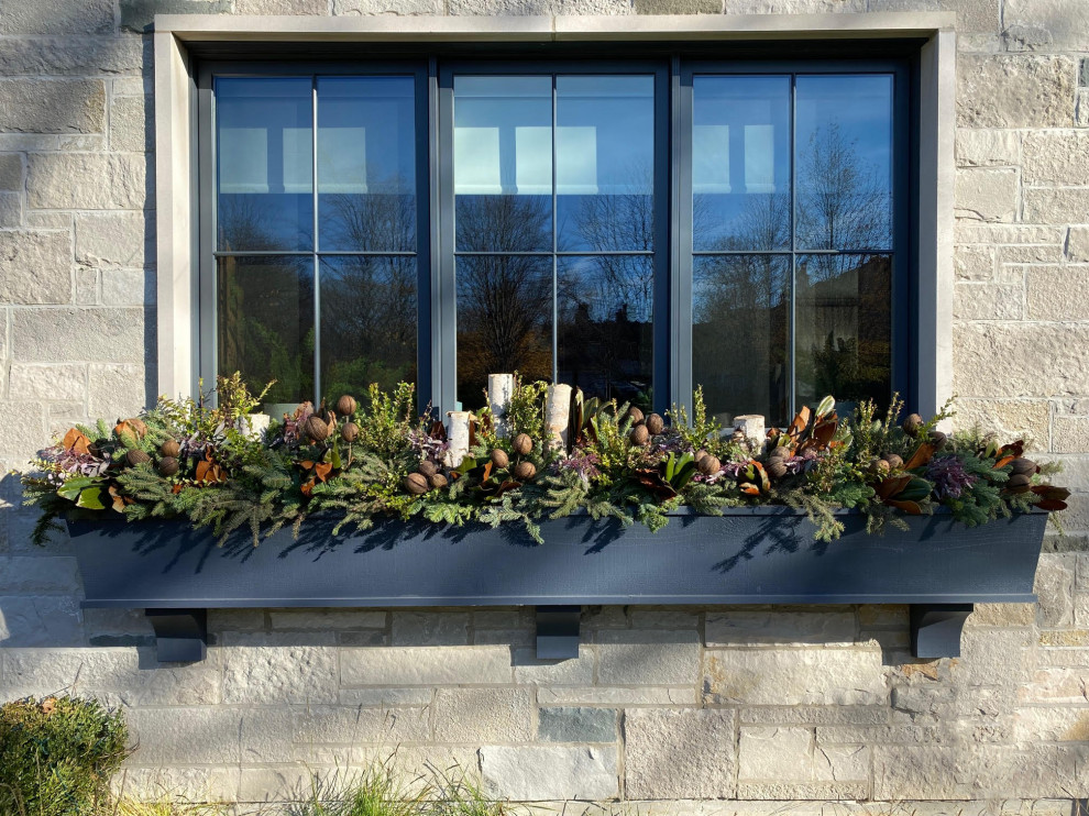This is an example of a mid-sized traditional front yard full sun garden for winter in Chicago with a container garden.