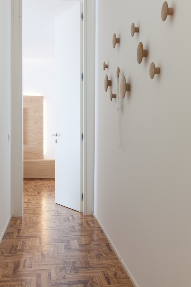 Photo of a mid-sized contemporary hallway in Venice with white walls and medium hardwood floors.