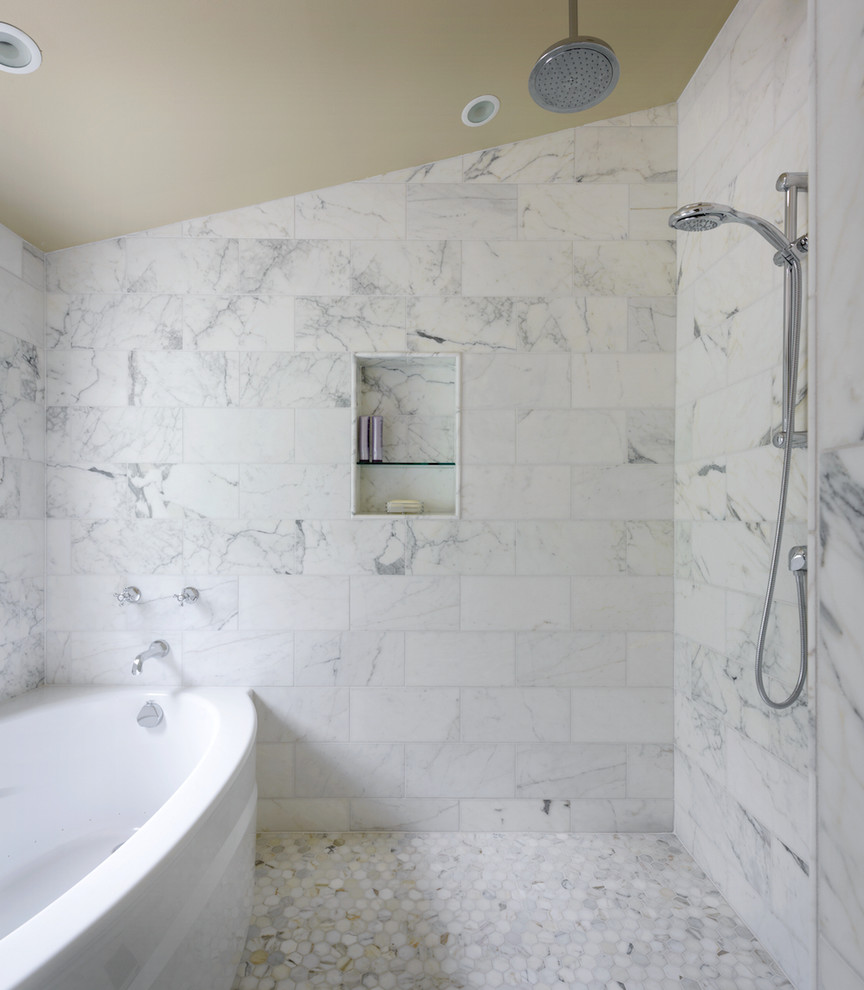 Design ideas for a transitional bathroom in Seattle with a shower/bathtub combo, ceramic floors and subway tile.