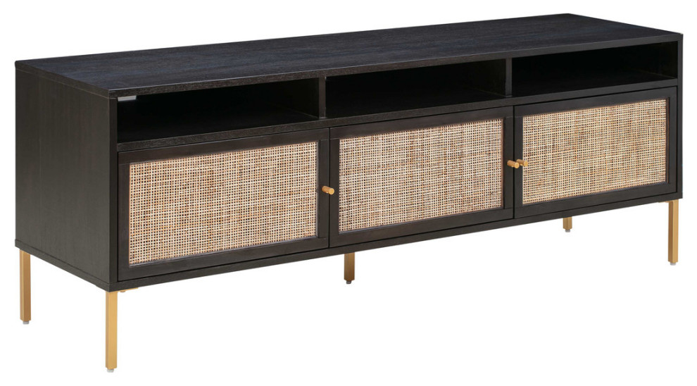 Cane TV Stand, Wood Wicker Modern Media Storage Console Tropical