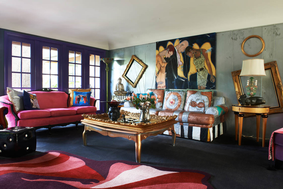 Eclectic family room in Los Angeles with grey walls.
