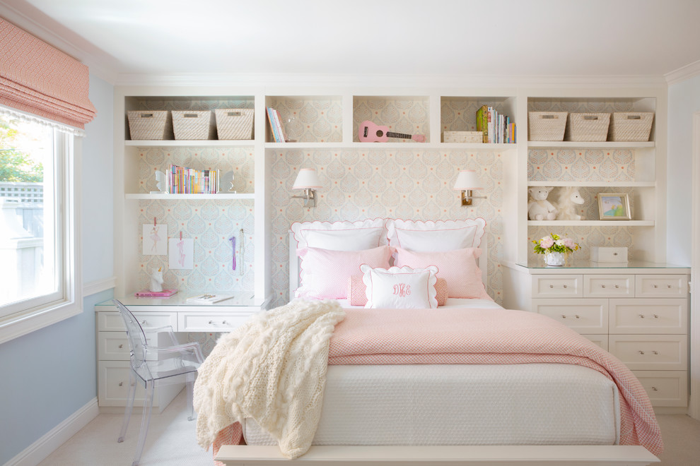Design ideas for a transitional kids' bedroom for kids 4-10 years old and girls in San Francisco with multi-coloured walls, carpet and beige floor.