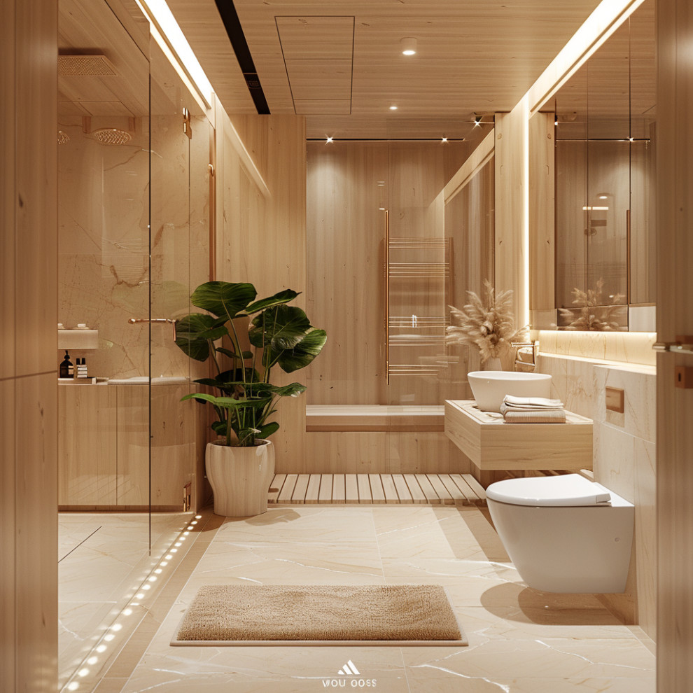 Стильный дизайн: большая детская ванная комната: освещение в стиле модернизм с отдельно стоящей ванной, керамогранитной плиткой, настольной раковиной, столешницей из бетона, тумбой под одну раковину и подвесной тумбой - последний тренд