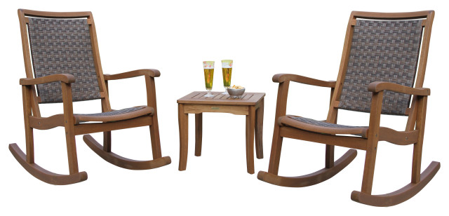 3 Piece Eucalyptus And Brown Wicker Rocking Chair Set With Square Accent Table Tropical Outdoor Lounge Sets By Interiors Houzz - Outdoor Patio Rocking Chair Sets Uk