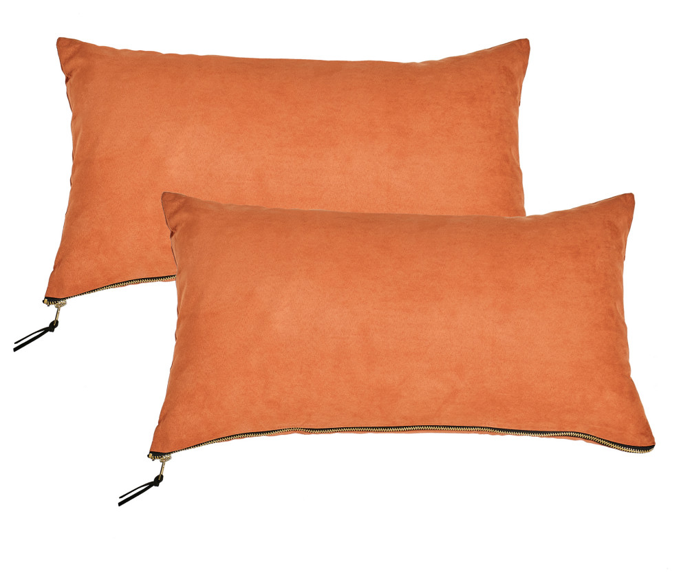 Suede Pillow Shell with Big Zipper, Rust, 14x26"