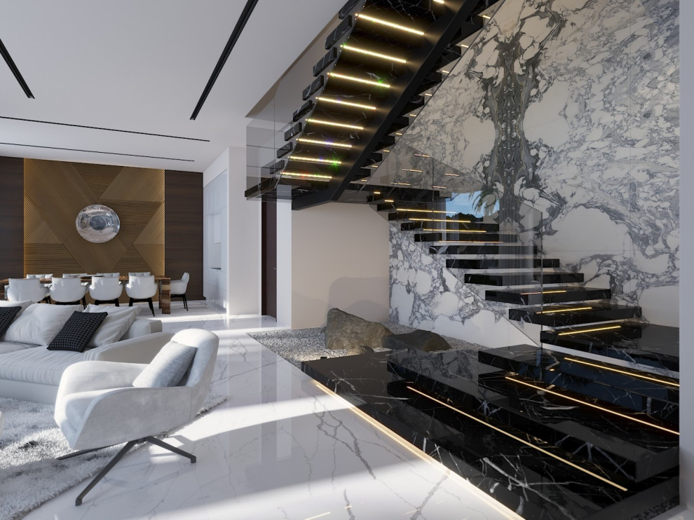 Пример оригинального дизайна: большая парадная, открытая гостиная комната в современном стиле с белыми стенами, мраморным полом, отдельно стоящим телевизором и белым полом без камина