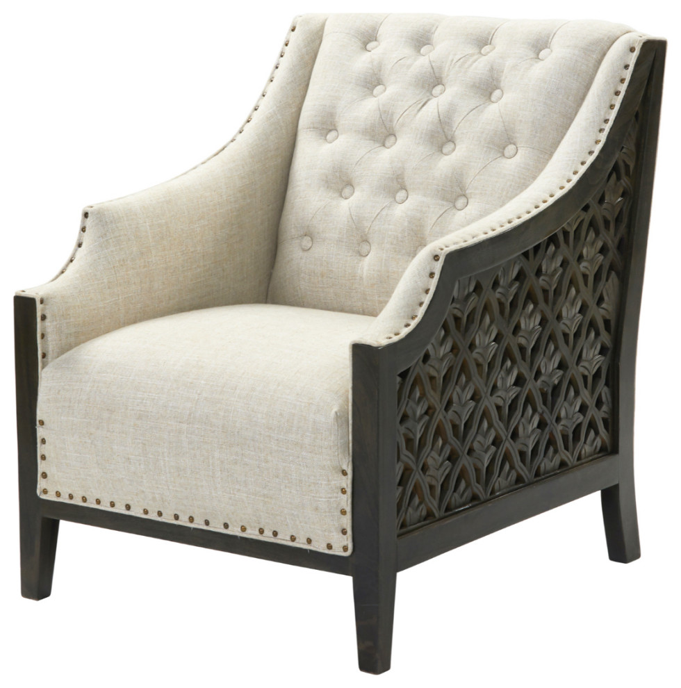 Solid Wood Base Floral Lattice Carved Panels Button Tufted Accent Chair