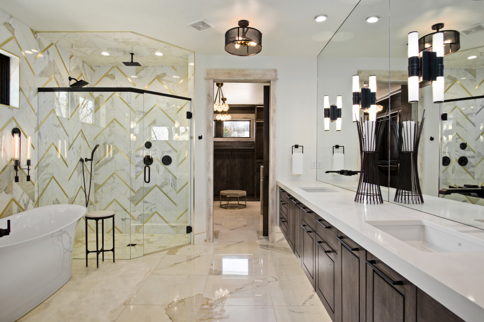 Photo of a large transitional master bathroom in Kansas City with raised-panel cabinets, dark wood cabinets, a freestanding tub, a corner shower, multi-coloured tile, white walls, an undermount sink, multi-coloured floor, a hinged shower door, white benchtops and engineered quartz benchtops.