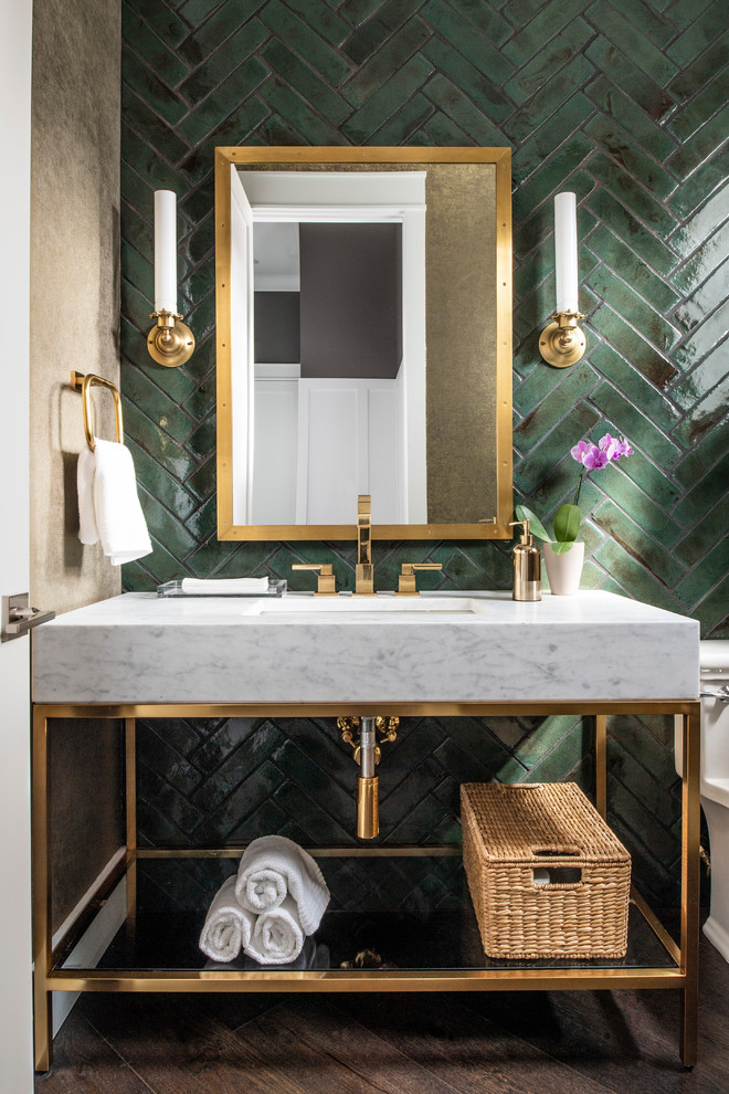 Transitional powder room in Los Angeles with open cabinets, green tile, green walls, dark hardwood floors, an undermount sink, brown floor and grey benchtops.