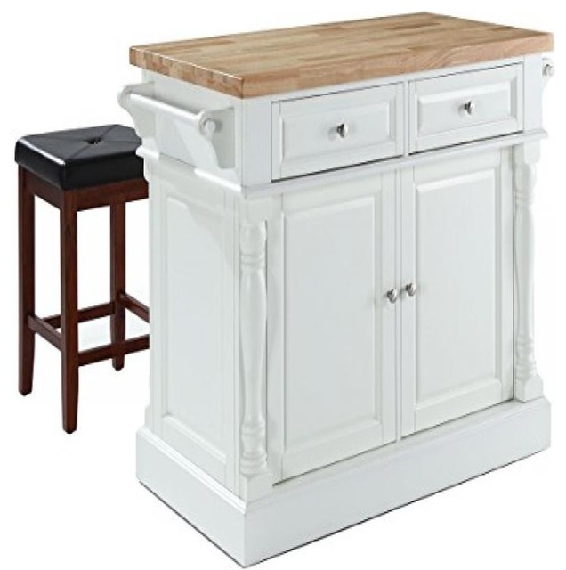 Oxford Butcher Block Top Kitchen Island, White and 24" Square Seat