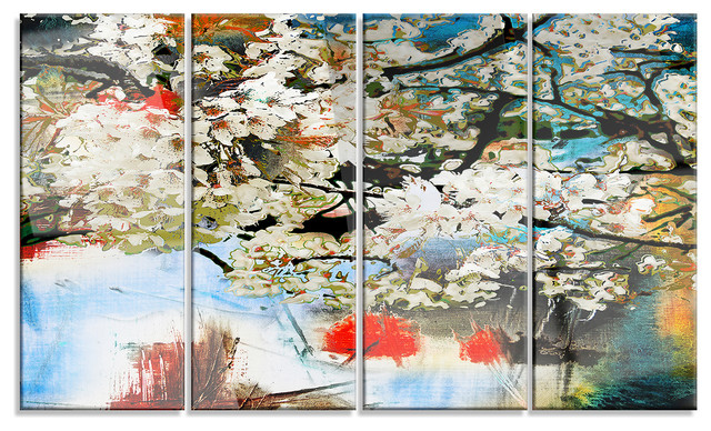 "Spring Motif With Small White Flowers" Metal Art, 4 Panels, 48"x28"