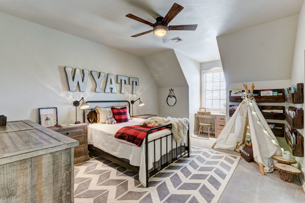 Inspiration for a country bedroom in Oklahoma City with grey walls, carpet and grey floor.