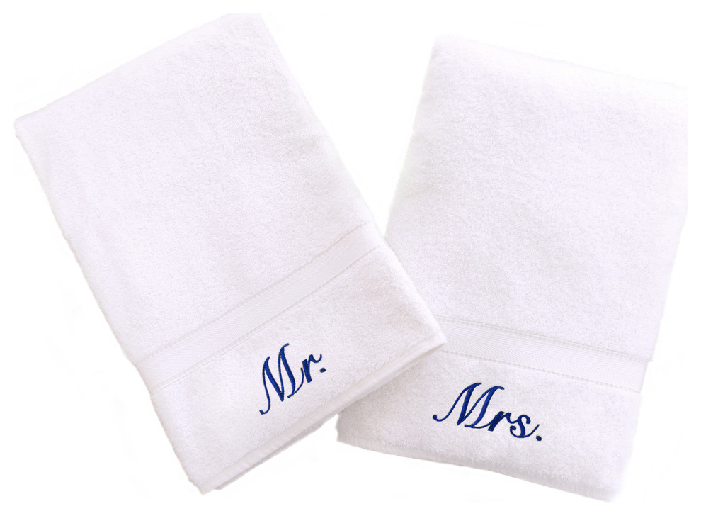 Mr. and Mrs. Hand Towels, Set of 2, White, 16x30 Contemporary Bath
