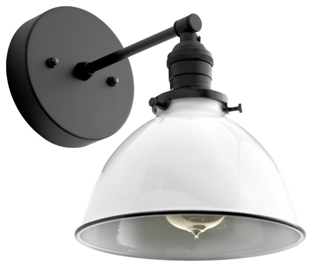 Industrial Wall Sconce, White Metal Shade, Black