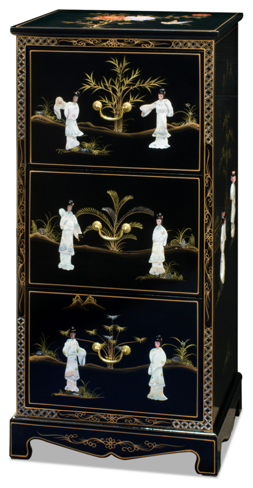 Black Lacquer Mother of Pearl 3 Drawer Oriental File Asian