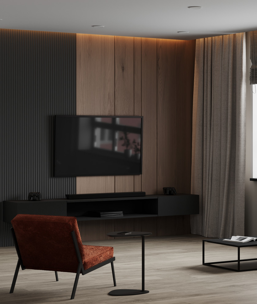 Пример оригинального дизайна: изолированная, серо-белая гостиная комната среднего размера:: освещение в современном стиле с панелями на части стены, серыми стенами, паркетным полом среднего тона, телевизором на стене и серым полом