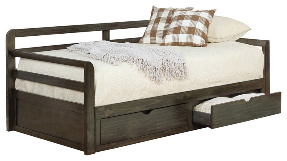 Two Drawer Wooden Extra Large Twin Size Bed with Trundle, Brown