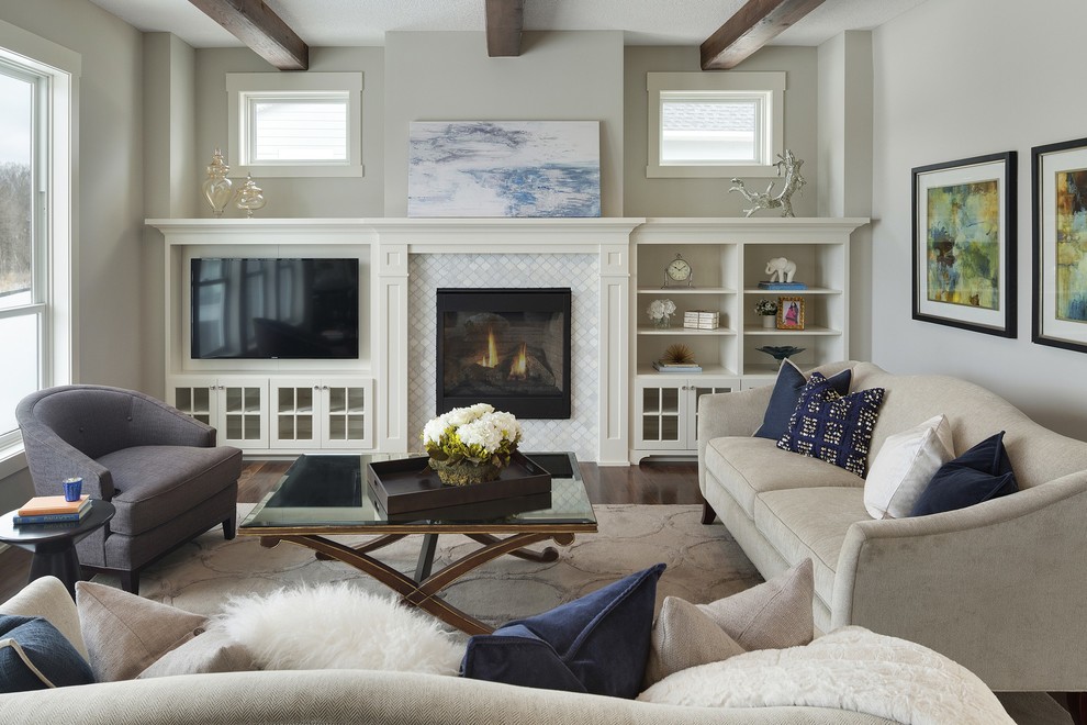 Design ideas for a mid-sized transitional open concept living room in Minneapolis with grey walls, dark hardwood floors, a standard fireplace, a tile fireplace surround and a built-in media wall.